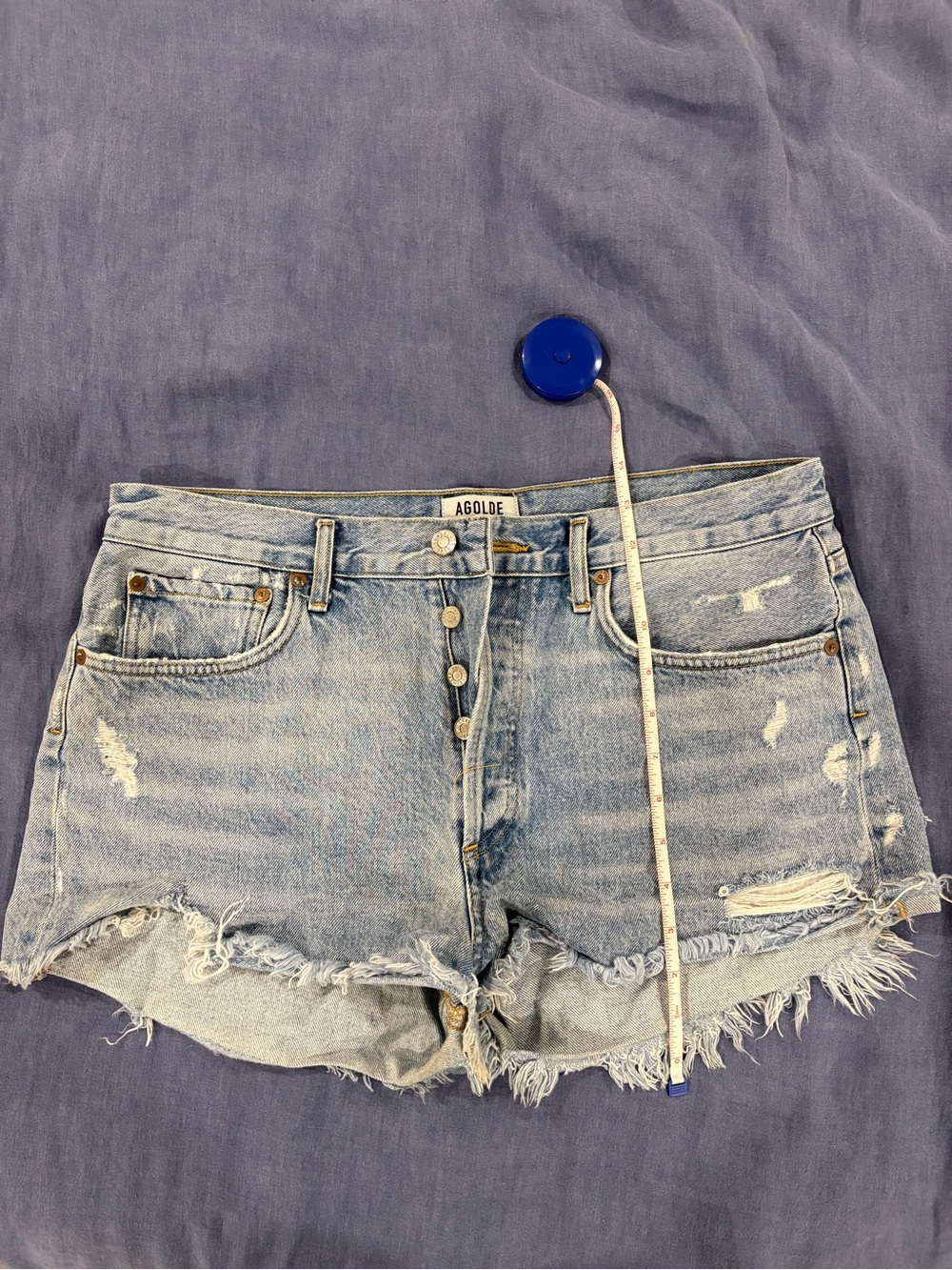Agolde Light Blue Distressed Denim Cutoff Shorts - Picture 3 of 6